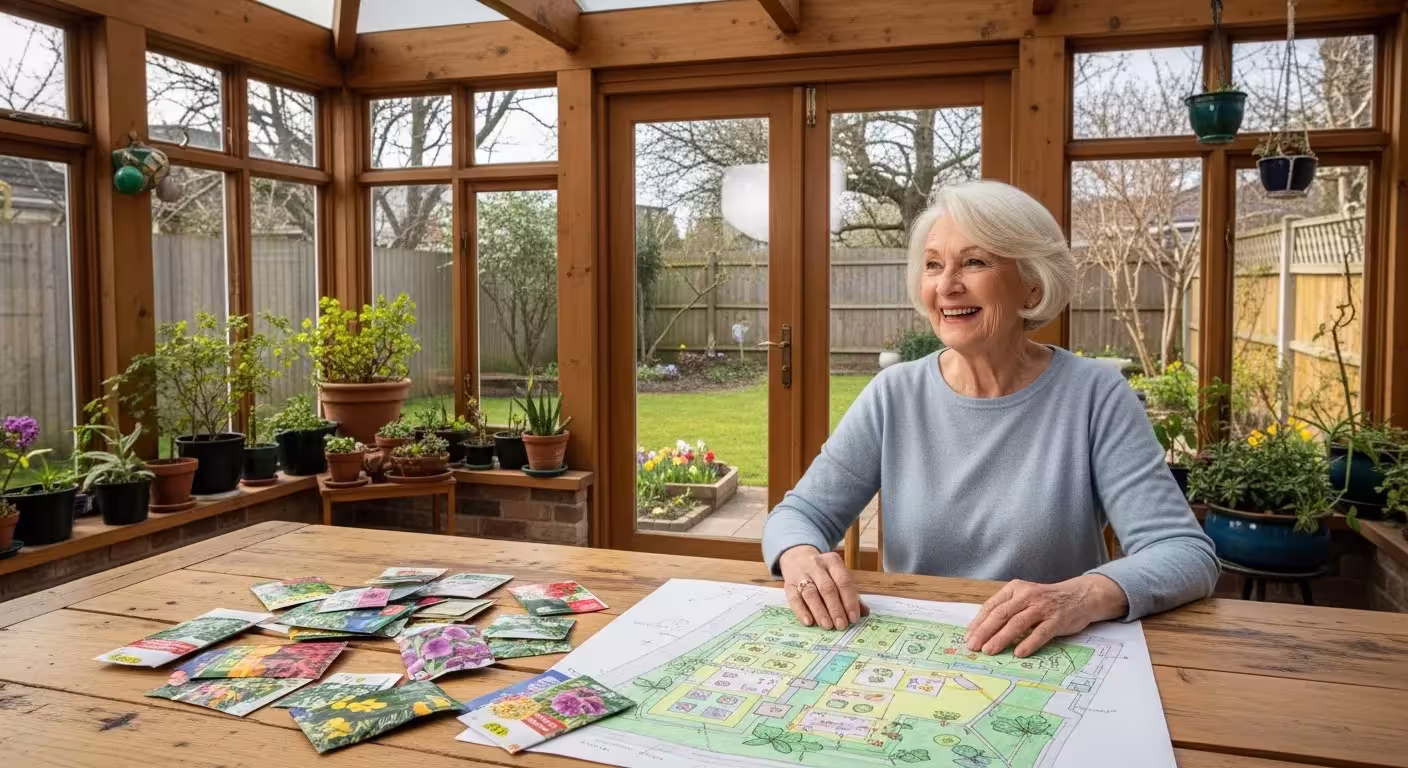 A senior woman smiling as she sits at a sun-drenched table, planning her raised bed garden with sketches and seed packets.